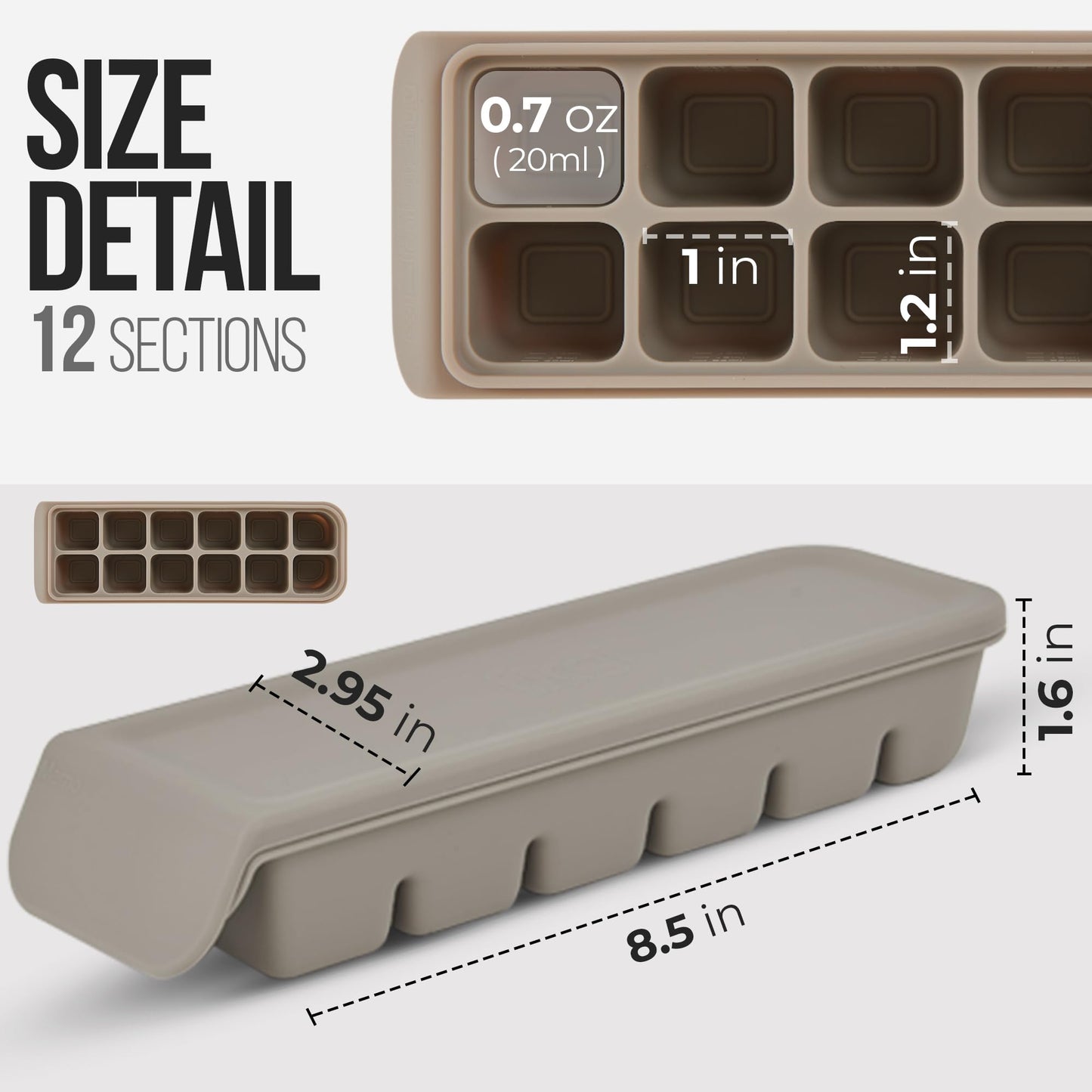 Firgi 0.7 oz/12 Sections Silicone Ice Cube Freezer Tray with Lid, 100% Food-Grade Platinum Silicone,Leak Resistance & Dishwasher Safe for Baby Food Prep,Breast Milk,Purees - Korean Made, Gray