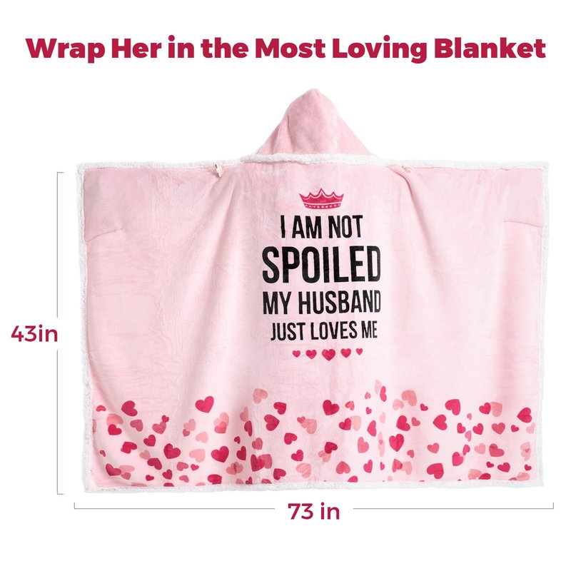 Spoiled Wife Wearable Blanket Hoodie, Valentines Day Gifts for Her Wife Women From Husband, Mothers Day Birthday Anniversary Day Gift Ideas, Throw Blanket for Women Shawl Wraps Poncho Robe, Pink
