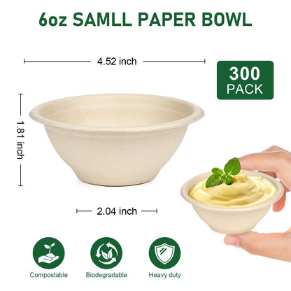 Bionutrio 6 oz Small Disposable Bowls, 300 Pack Bulk Paper Bowls for Chili, Sauce, Cereal, Compostable Eco-Friendly Bagasse Bowl, Microwavable, Leak-Proof, Sturdy