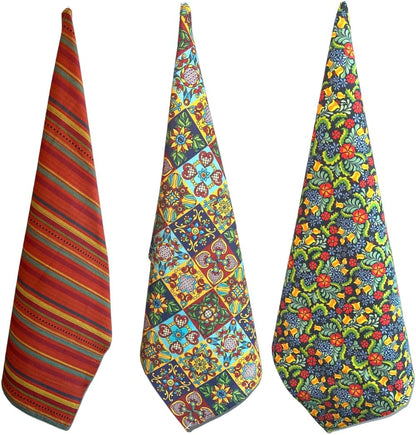 Kitchen Dish Towels, 100% Natural Cotton Mexican Fiesta Talavera Floral Prints, Set of 3 Multi-Color Dishcloths