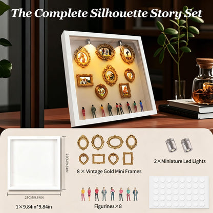New DIY Mini Gold Grames Silhouette Box, Upgrade Shadow Box Frame Kit with Gold Miniature Museum & Figurines, Celebrate Your Unique Memories in Style, for Anniversary, Wedding, Birthday & Home Decor