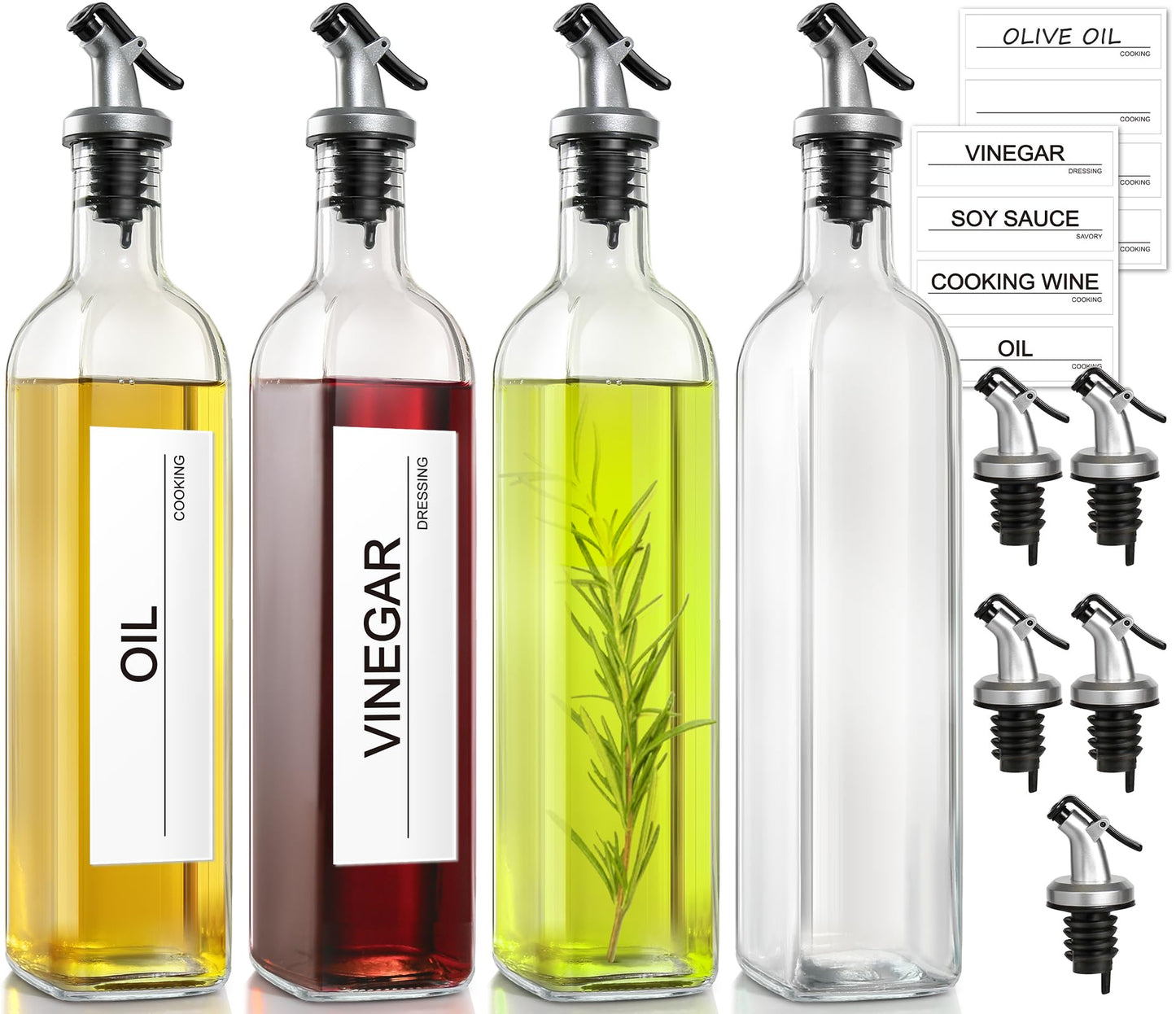 gmisun Olive Oil Dispenser for Kitchen, 4 Pack 17 fl oz Glass Oil Dispensers Bottle, Cooking Soy Sauce Bottle Container Cruet with Plastic Pourer Spout, Funnel and Labels, Clear
