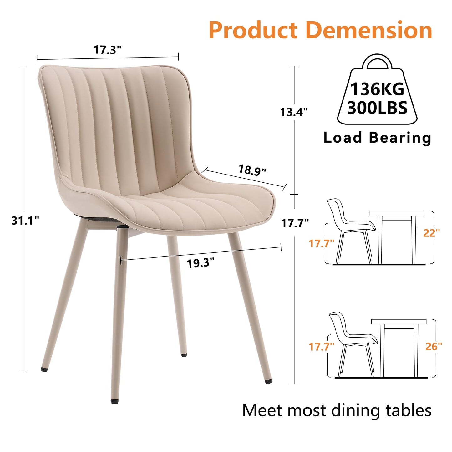 YOUNUOKE Mid-Century Modern Dining Chairs Set of 2, Cream PU Leather Upholstered Kitchen Chairs with Cream Metal Legs, Armless Accent Chair for Dining Room, Guest Reception Room