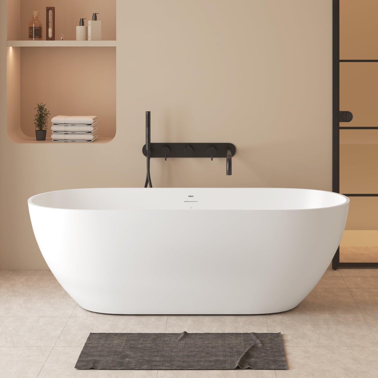 FerdY Fiji 69" Stone Resin Freestanding Bathtub, Classic Oval Shape Soaking Bathtub, Solid Surface Soaking Tub, cUPC Certified, Integrated Slotted Overflow and Matte White Pop-up Drain