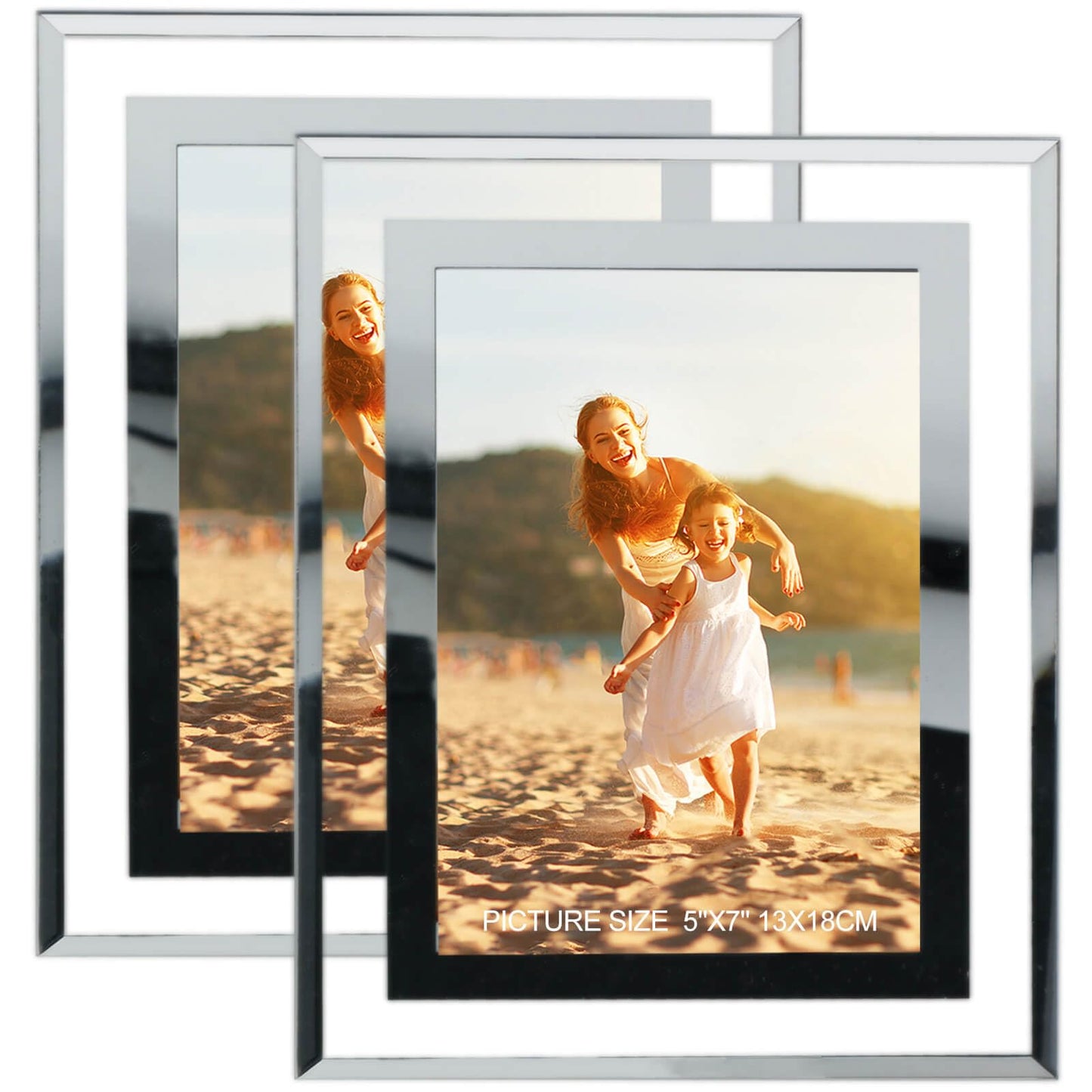 HIKWADERY 5x7 Picture Frames Silver - Set of 2, HD Real Glass 5 by 7 Photo Frame Mirrored Edge for Tabletop Display, Wedding Birthday Mothers Day Gifts (5 x 7, Silver)