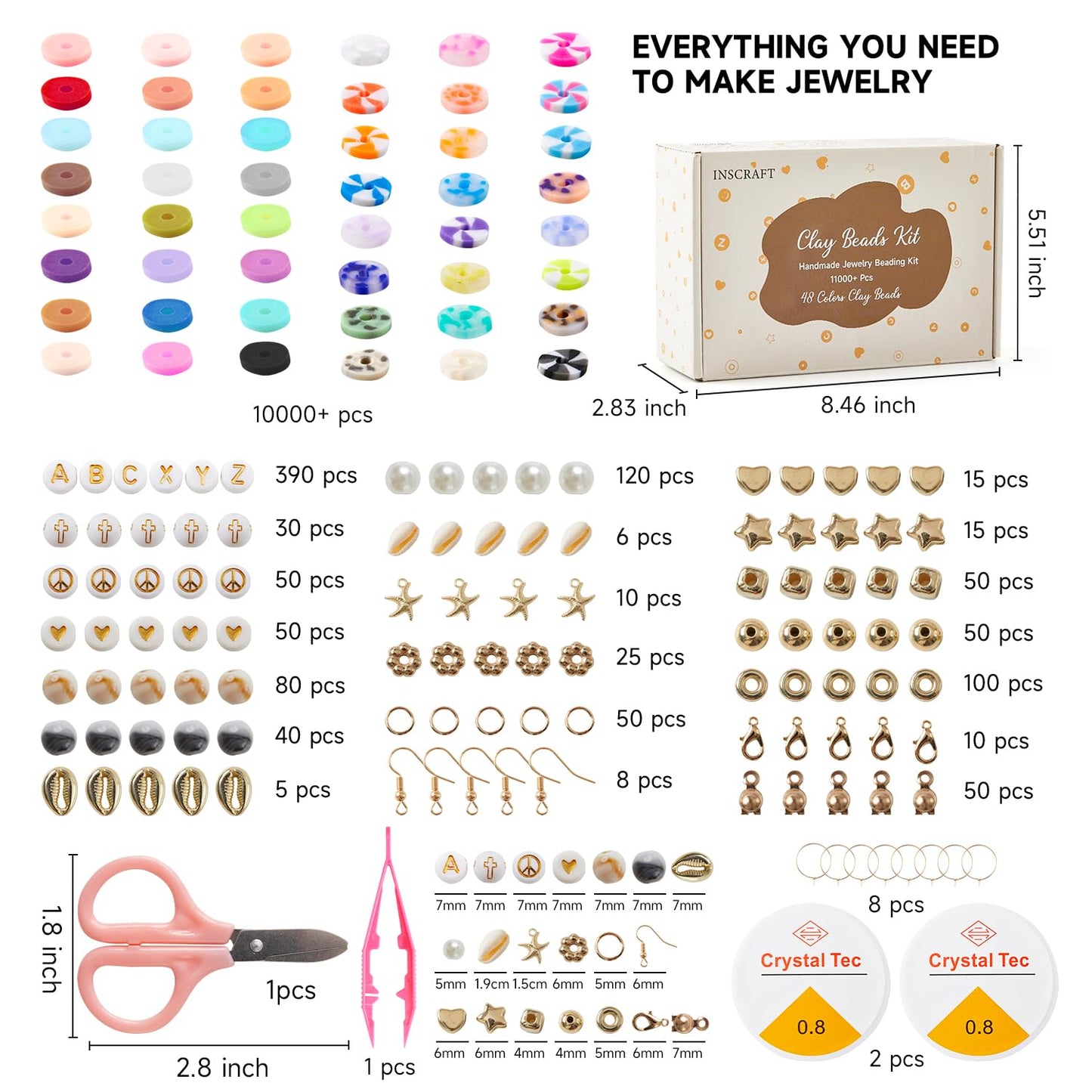 INSCRAFT 11000 Pcs Clay Beads for Bracelet Making Kit, 48 Colors Flat Round Polymer Clay Beads, Friendship Bracelet Kit Heishi Beads for DIY Jewelry Making, Crafts Gift for Girls Teen Ages 6-12