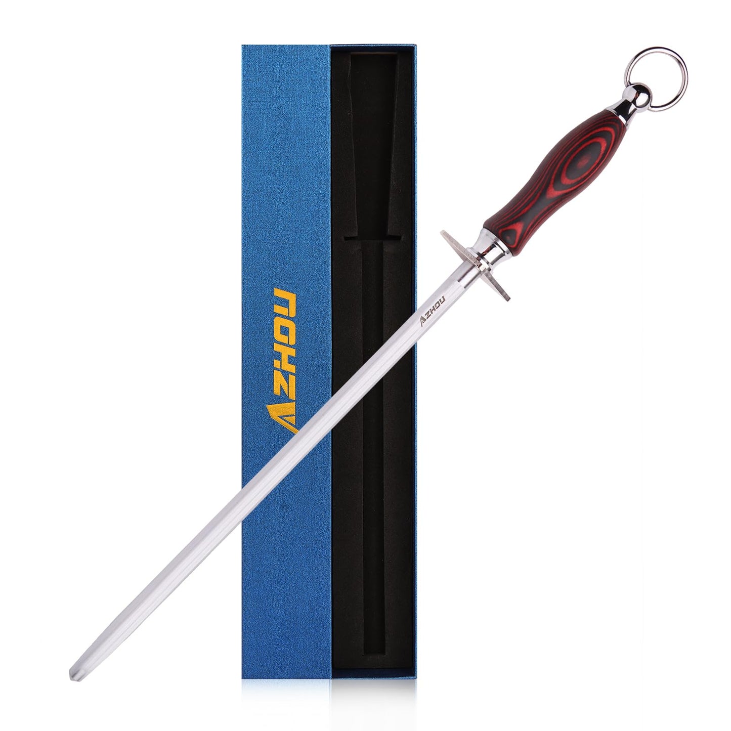 Azhou 12" Professional Knife Sharpener Steel Rod - High Carbon Steel (HRC 63), Fine 200 Grit for Kitchen & Chef Knives, Easy to Use with Non-Slip Wooden Handle & Gift Box