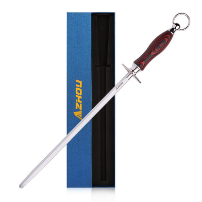 Azhou 12" Professional Knife Sharpener Steel Rod - High Carbon Steel (HRC 63), Fine 200 Grit for Kitchen & Chef Knives, Easy to Use with Non-Slip Wooden Handle & Gift Box
