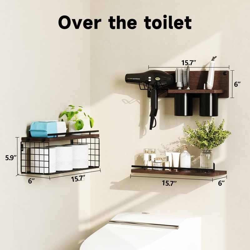 RoleDes Hair Tool Organizer Wall Mounted Set of 3 - Bathroom Floating Shelves with Blow Dryer Holder and Curling Iron Storage, Hair Dryer Hanger for Bathroom Wall, Modern Farmhouse Above Toilet Shelf