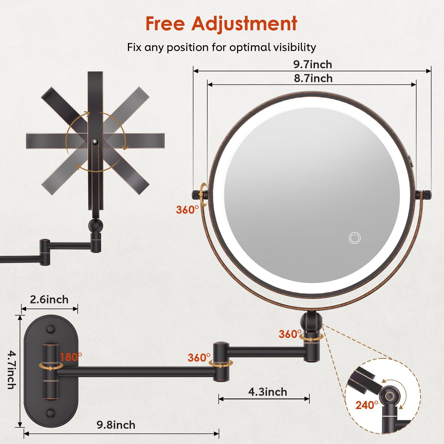 9" Wall Mounted Lighted Makeup Mirror,4000mAh Rechargeable Double Sided 1X/10X Magnifying Mirror with Light,3 Color Lights,Touch Dimmable,Extended Arm 360 Rotation Wall Mounted Makeup Mirror
