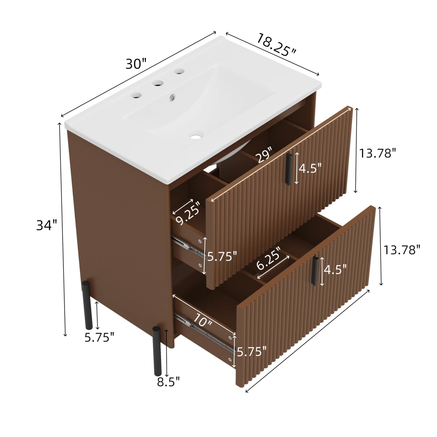 Merax 30" Freestanding Bathroom Vanity with Ceramic Sink, Equipped with Vertical Pulls, Full-Extension Drawers, Soft Close Drawer Slides, Fluted Design, Brown
