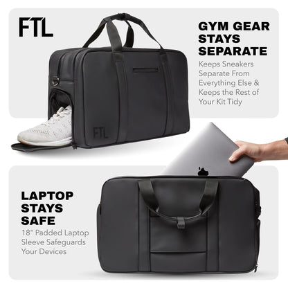 The FTL Pro Mens Travel Bag - 30L Premium Work to Gym Weekender Duffel with Garment Bag, Shoe Space & 18" Laptop Sleeve - Organized Athletic Business Carry On Hybrid, Fits Under Airplane Seat - Black