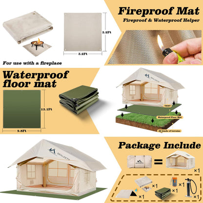 10' x 8' Inflatable Camping Tent for 6-8 People, 4 Season Blow up Tent with Rainfly, Easy Setup Air Pump, Waterproof pad, Luxury Inflatable Hot Tent with Stove Jack for Camping