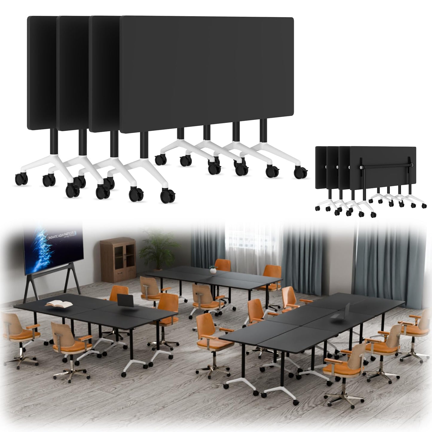 rzoizwko 55.1" Folding Conference Table with Wheels,2 Pack Heavy-Duty Flip-Top Reconfigurable Training Table System,Rolling Conference Room Tables for Office, Classroom & Meeting Rooms