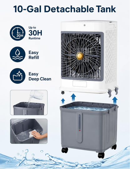 Swamp Cooler, Portable Air Conditioners Evaporative Air Cooler with 10GAL Detachable Tank, Windowless AC Unit Cooling Fan That Blow Cold Air with 120° Swing, 3 Speeds, Timer for Garage Patio Workshop