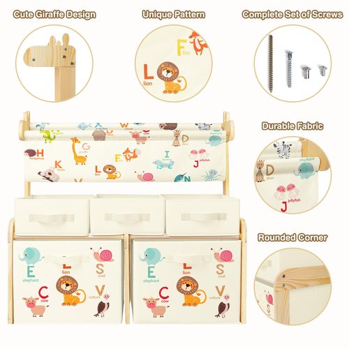 Kids Bookshelf Toy Storage Organizer Wooden Book Shelf with 1 Sling Bookcase and 5 Toy Bins,Toy Box for Boys Girls,3-Tier Nursery Book Shelves for Kids Rooms Bedroom,Playroom,Classroom,Animals