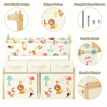 Kids Bookshelf Toy Storage Organizer Wooden Book Shelf with 1 Sling Bookcase and 5 Toy Bins,Toy Box for Boys Girls,3-Tier Nursery Book Shelves for Kids Rooms Bedroom,Playroom,Classroom,Animals
