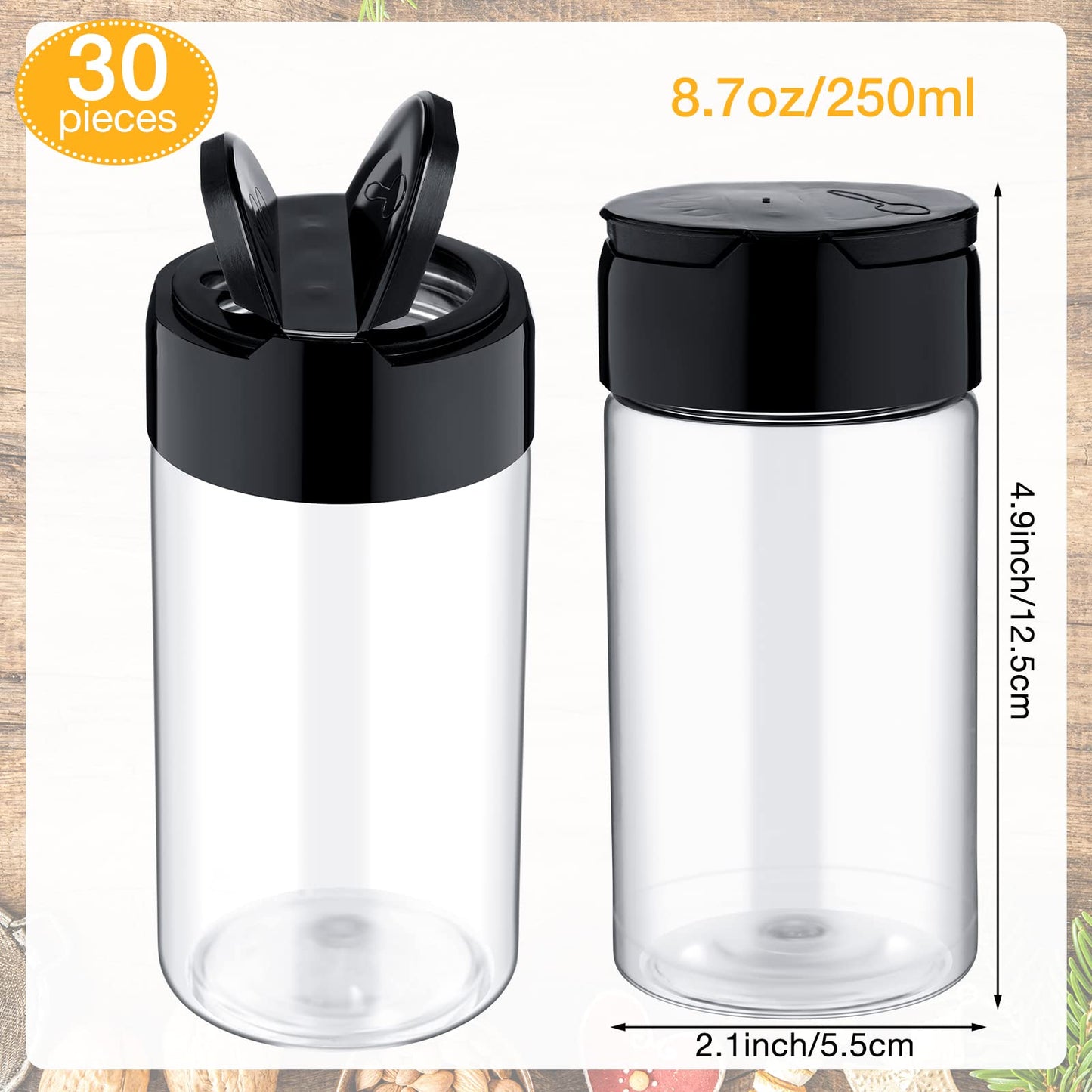 Mimorou 30 Pack 8.7 oz Plastic Spice Jars with Shaker Lids Clear Seasoning Containers Spice Bottles for Kitchen Storing Herbs Seasoning Powders