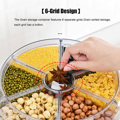 XIYAO 20Lbs large Grain dispenser 360°Rotating Rice Food Dispenser 6 Grids rice container rotatable Beans Containers Storage with Sealed lid for Peanut Barley Millet and Cereal