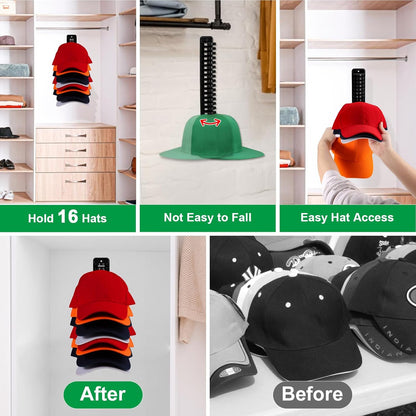 Hat Racks for Wall, 2pcs Cap Organizer Holds Up To 32 Caps, Sticky or Drilling Use, Hat Storage for Closet, Office