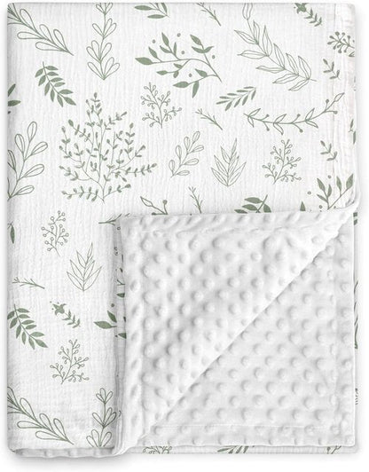 GLLQUEN Baby Blanket - Soft Muslin Cotton Front & Dotted Fleece Backing | Unisex Greenery, 30 x 40 Inches