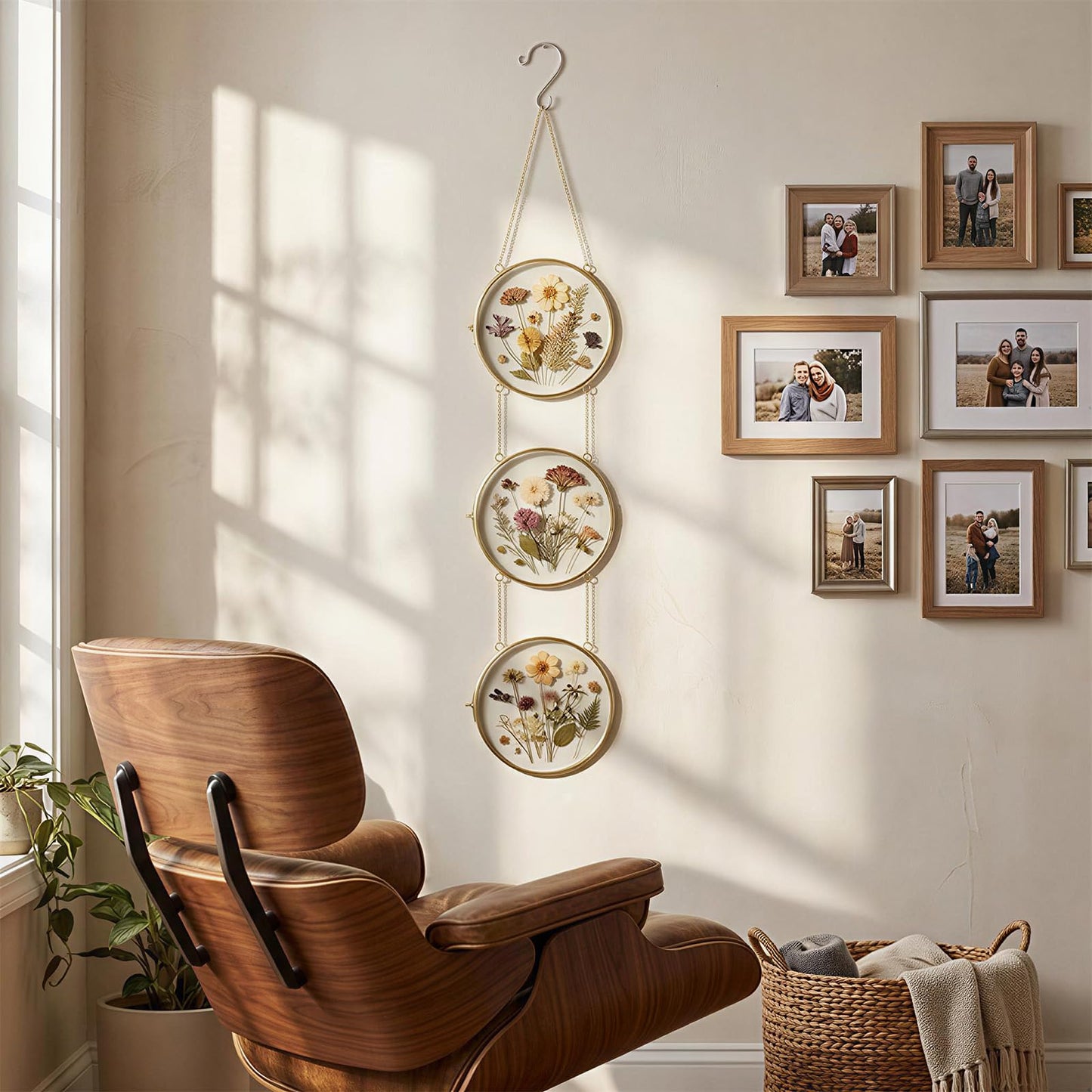 FOCHIER F Pressed Flower Frames with Tweezers,Wall Hanging Double Glass Frames with Metal Chain for Pressed Dried Flowers,Gold Picture Frame with Plants Golden Tabletop Décor, Horizontal and Vertical