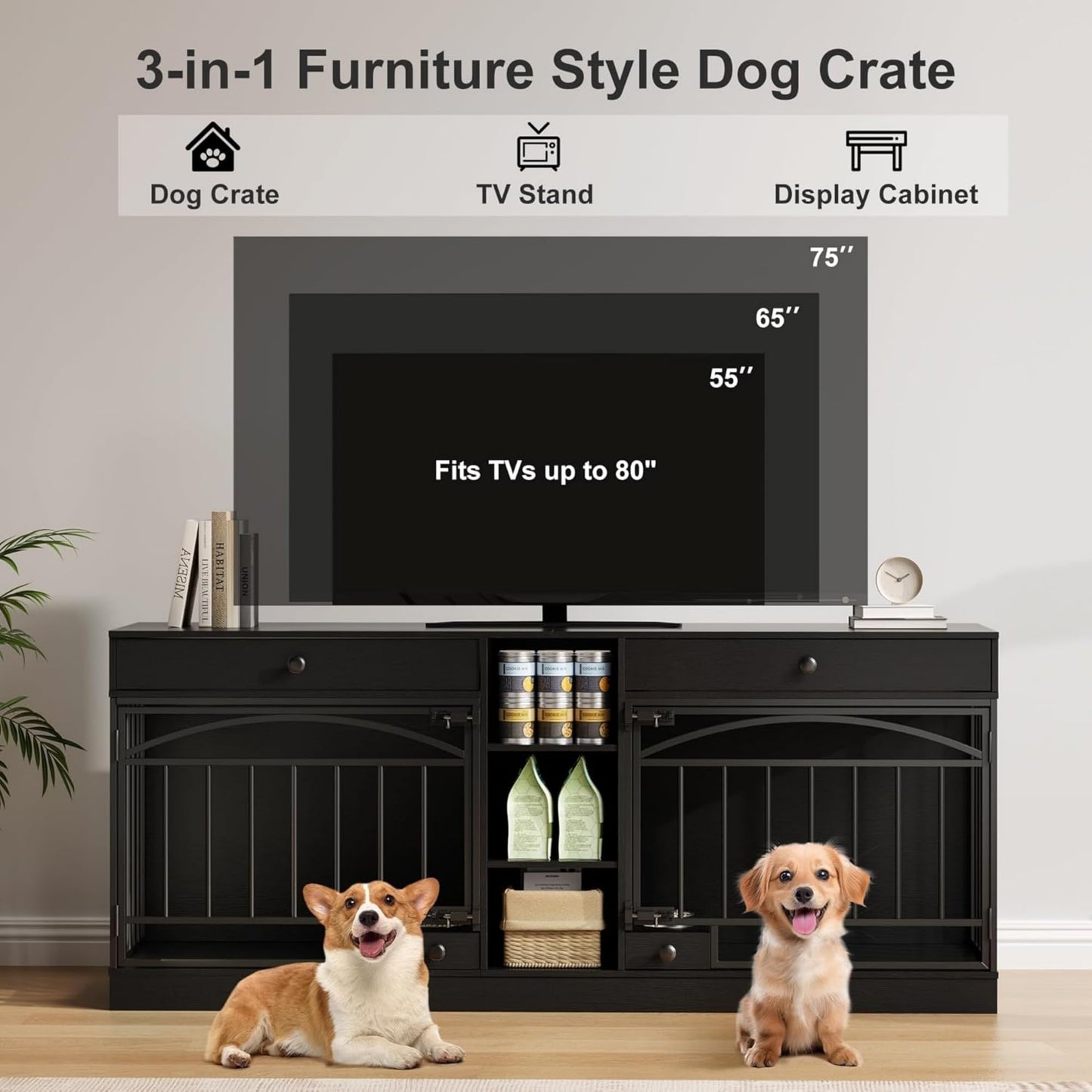 GAOMON Dog Crate Furniture for 2 Dogs, 78.7'' Large Dog Kennel Indoor with 2 Storage Drawers, 3 Shelves and Feeding Bowls, Double Dog Crate TV Stand for Small and Medium Dogs, Black