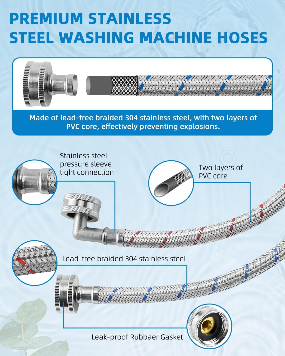 4ft Premium Burst-Proof Stainless Steel Washing Machine Hoses, 90 Degree Elbow Water Connection Inlet Supply Lines