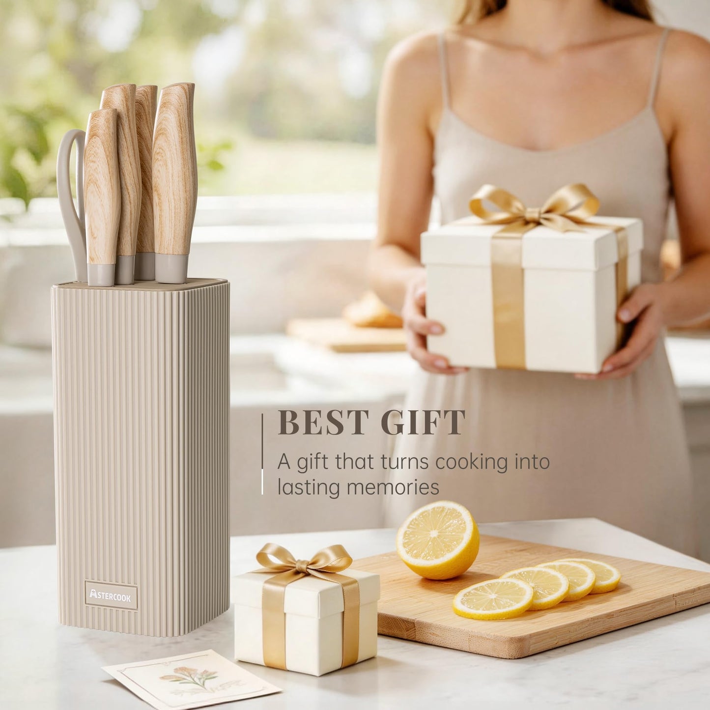 Astercook Knife Set, 6-Piece Kitchen Knife Set with Block, High Carbon Stainless Steel Ultra Sharp Kitchen Knives, Wood Grain Handle, Dishwasher Safe Knife Block Set, Khaki, Mothers Day Gifts