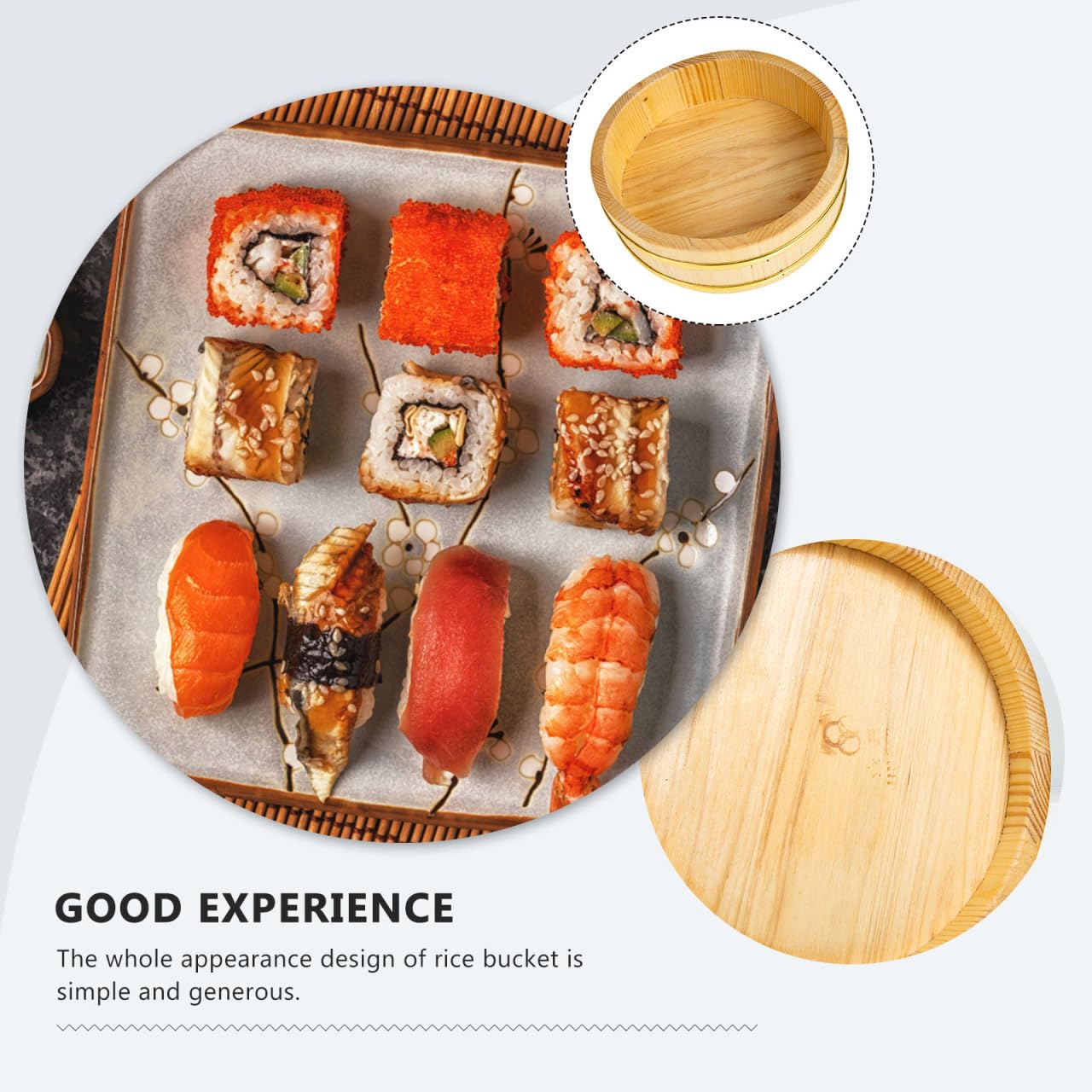 WATIIFUFU Japanese Sushi Bucket Wooden Rice Mixing Bowl Food Storage Container Compact 9.84X9.84X2.63In Lightweight for Sushi Bibimbap Serving and Home Cooking
