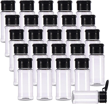 FEOOWV 25Pcs Empty Plastic Spice Bottles Set for Storing Barbecue Seasoning, Salt, Pepper, 75 ml/2.5 oz (Black)