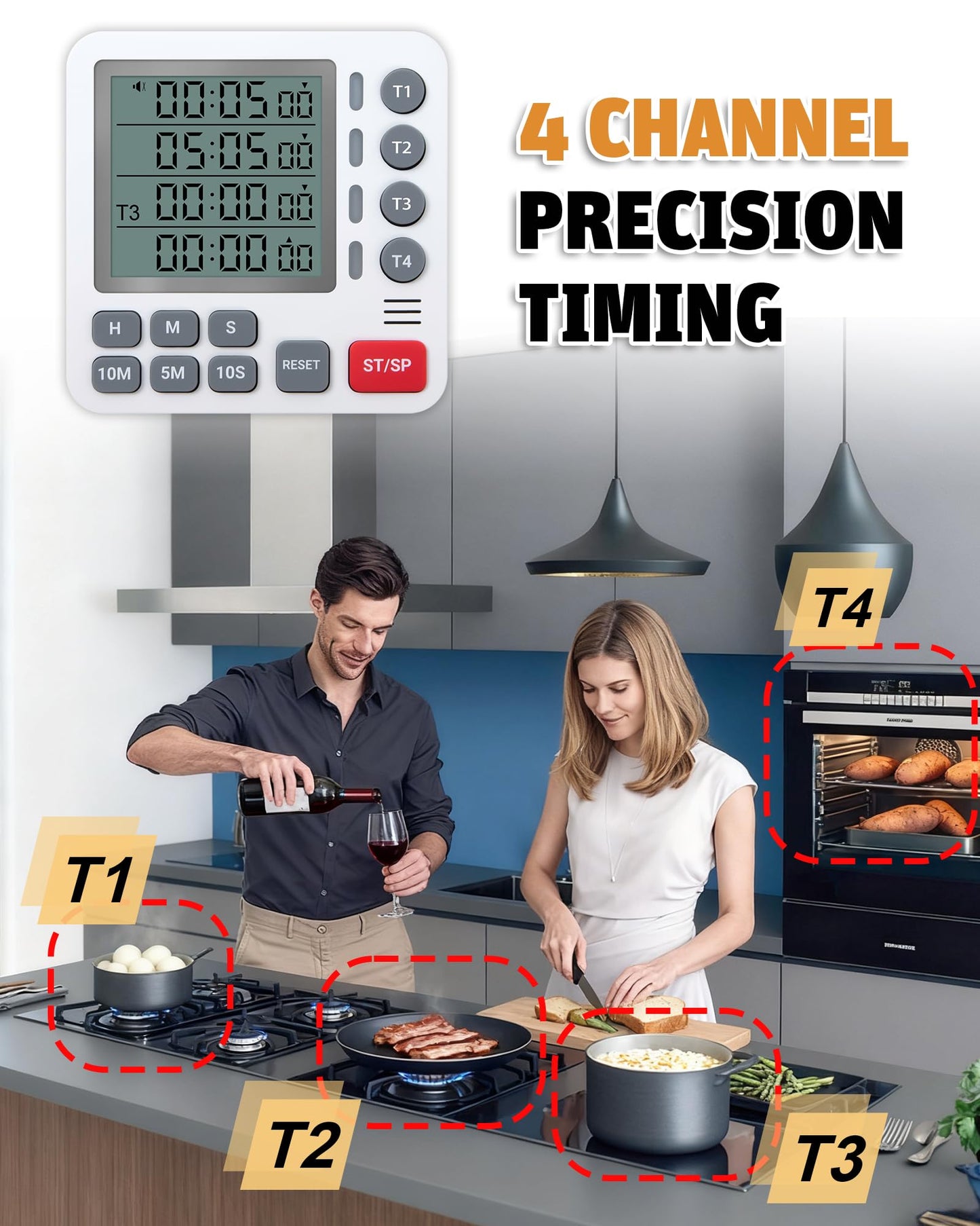 TPNEG Digital Kitchen Timer - 4-Channel Cooking Timer with Alarm, Magnetic Back, Loud & Silent Modes, Count Up/Down, Ideal for ovens, Seniors, Kids and classrooms, Replaceable AAA Battery