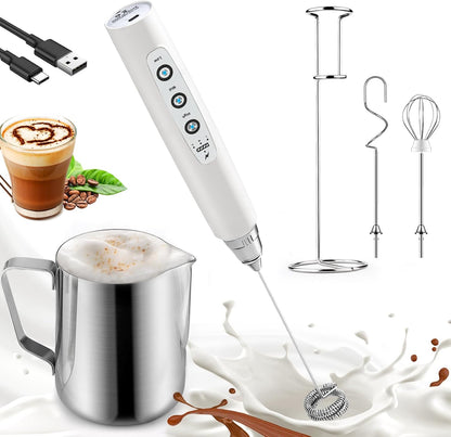 14oz Nahida Handheld Milk Frother Wand with Stand & Milk Frothing Pitcher Milk Coffee Cappuccino Latte Art - White