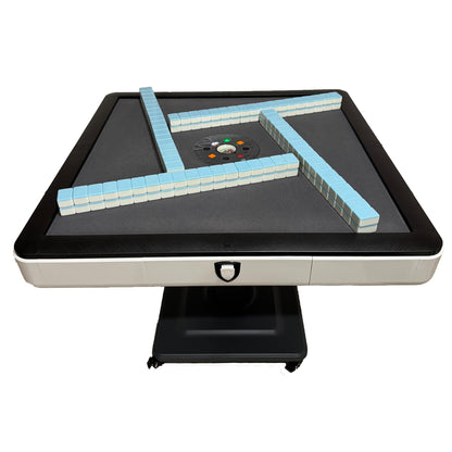 Sifang City (46mm/1.8inch) Chinese Style Folding Automatic Mahjong Table, American 110V, 8ft Cable, Includes 2 Dices, Glass Table Cover, 2 Sets Jade Style 144 Tiles (46mm White) 46号大牌川麻可折叠麻将机