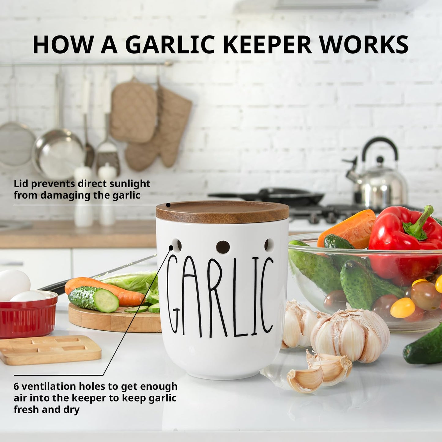 CMLKLZD Ceramic Garlic Keeper for Counter, Large Garlic Holder with Acacia Wood Lid, Farmhouse Garlic Storage Container, Garlic Saver for Kitchen, White