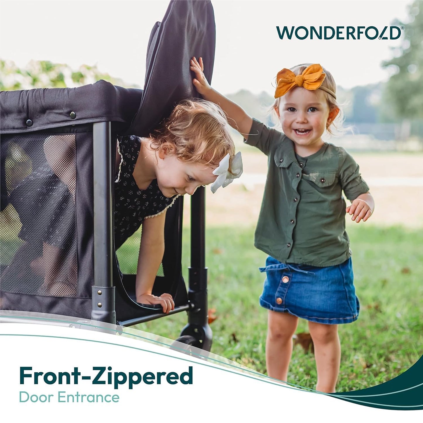 WonderFold W2 Stroller Wagon - Foldable Wagon with Steel Frame - Canopy & Adjustable Push Handle - All-Terrain Wheels - for Babies, Toddlers & Kids - 2 Seater - Black
