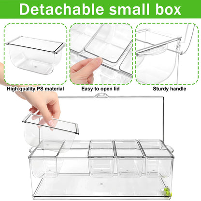 Hlimior 36 pcs Ice Chilled Condiment Server Caddy Bar Fruit Caddy with Lid, 5 Removable Compartments Plastic Storage Food Container Clear Ice Condiment Serving Tray for Party, Toppings Bar Container