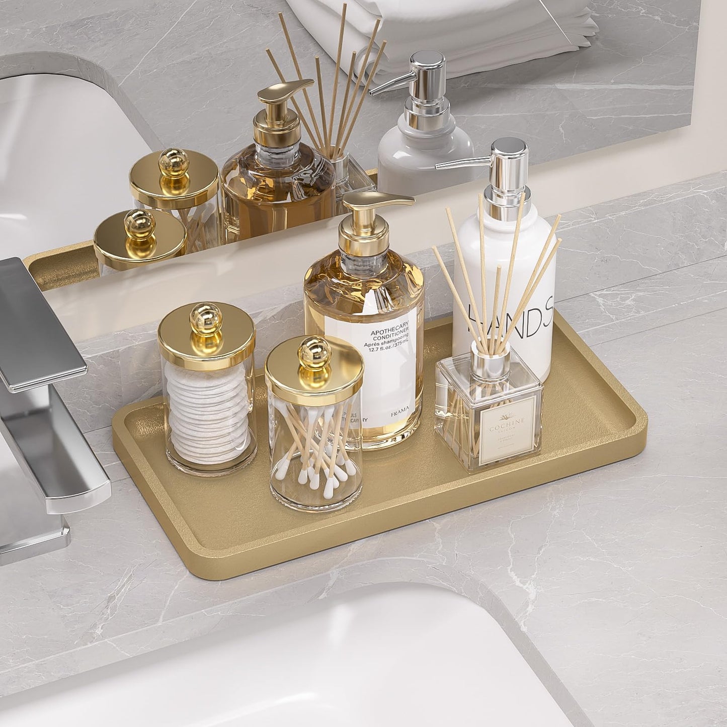 Weenson Gold Bathroom Vanity Tray for Countertop Perfume Makeup Jewelry Decor Candle, Bamboo Kitchen Tray for Soap Dispenser Spice Coffee, Toilet Tank Tray 11.81”L x 6.1”W x 0.79”H