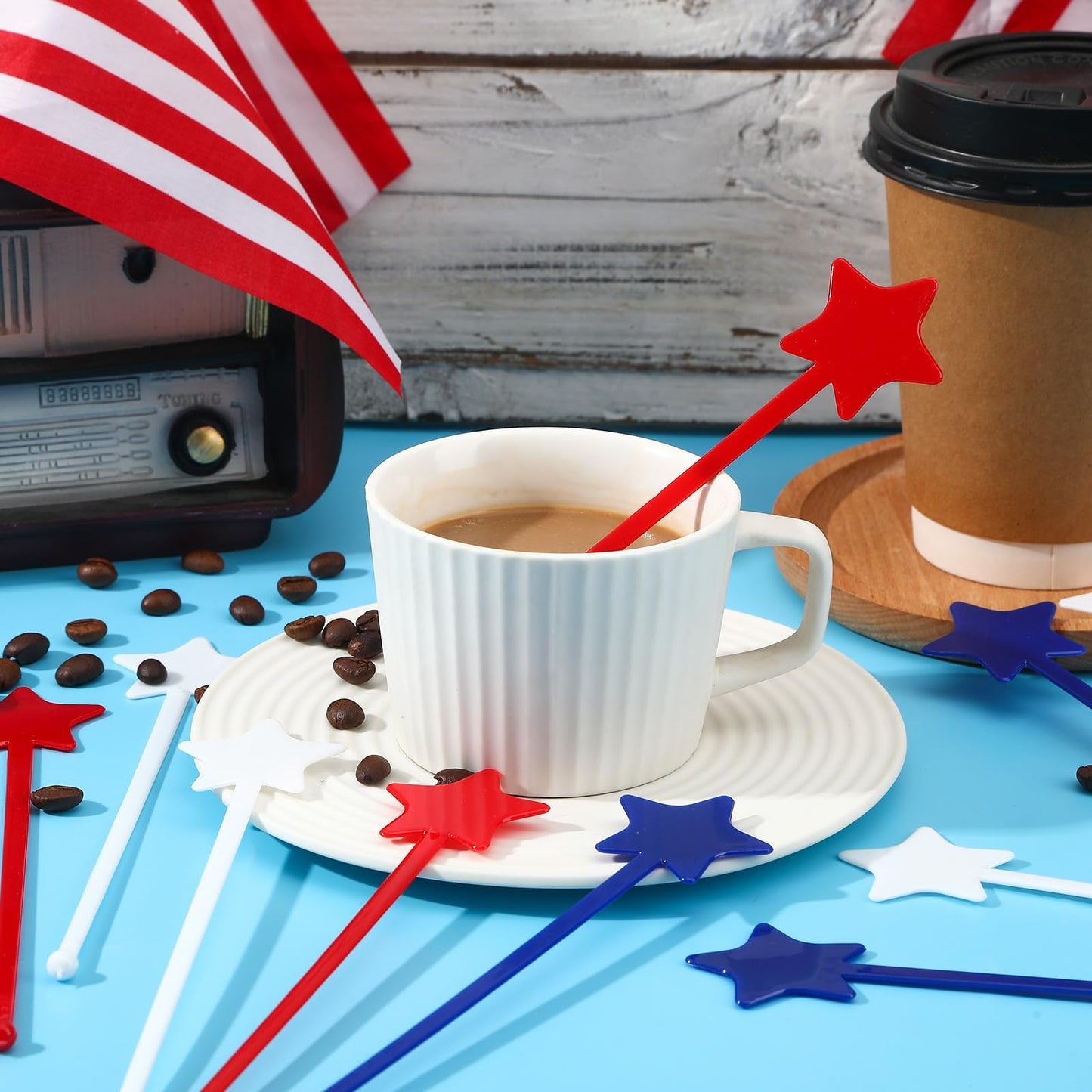 Jansun 36 Pcs 4th of July Patriotic Red White Blue Cocktail Drink Stirrers