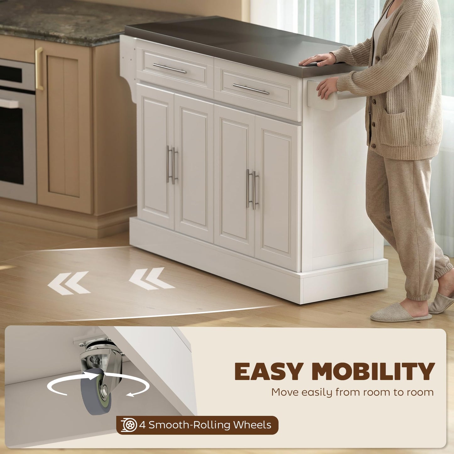 HOMCOM Rolling Kitchen Island Cart with 47" Stainless Steel Top, Portable Island Table for Kitchen with Wheels, Adjustable Shelves, 2 Drawers, Spice, Knife and Towel Rack, White