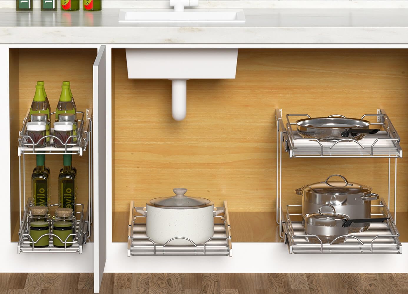 OCG Pull Out Cabinet Organizer (20.75" W x 17" D), 1 Tier Pull Out Shelves, Chrome Finish Cabinet Slide Out Shelves for