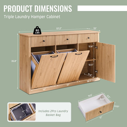 IFBUY Triple Tilt Out Laundry Hamper Cabinet, Modern Fluted Trash Can Cabinet with 3 Drawers, 20 Gallon Hidden Garbage Can Cabinet w/Laundry Basket & Adjustable shelf for Bathroom,Kitchen, Natural Oak