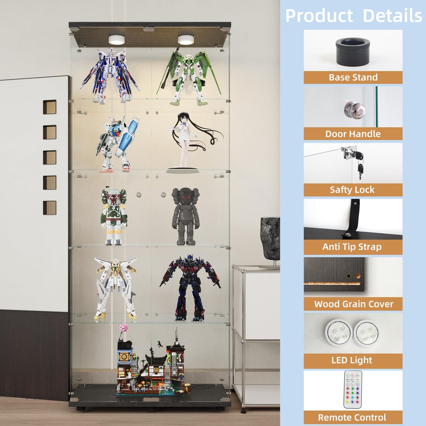 Beauty4U Glass Display Cabinet with Lights, 5 Shelves with 2 Doors, Curio Cabinets for Living Room, Bedroom, Office, Black Floor Standing Glass Bookshelf, Quick Installation