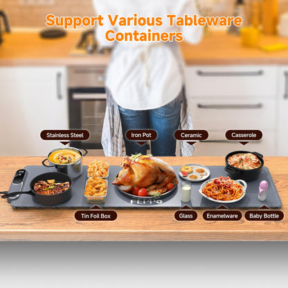 FEPPO Warming Mat for Food, Extra-Long Size 42"x12", Fast Full-Surface Heating Food Warming Mat with 6-Hour Timer & 19-Level Temperature Control, Roll Up Food Warmers for Parties Buffet