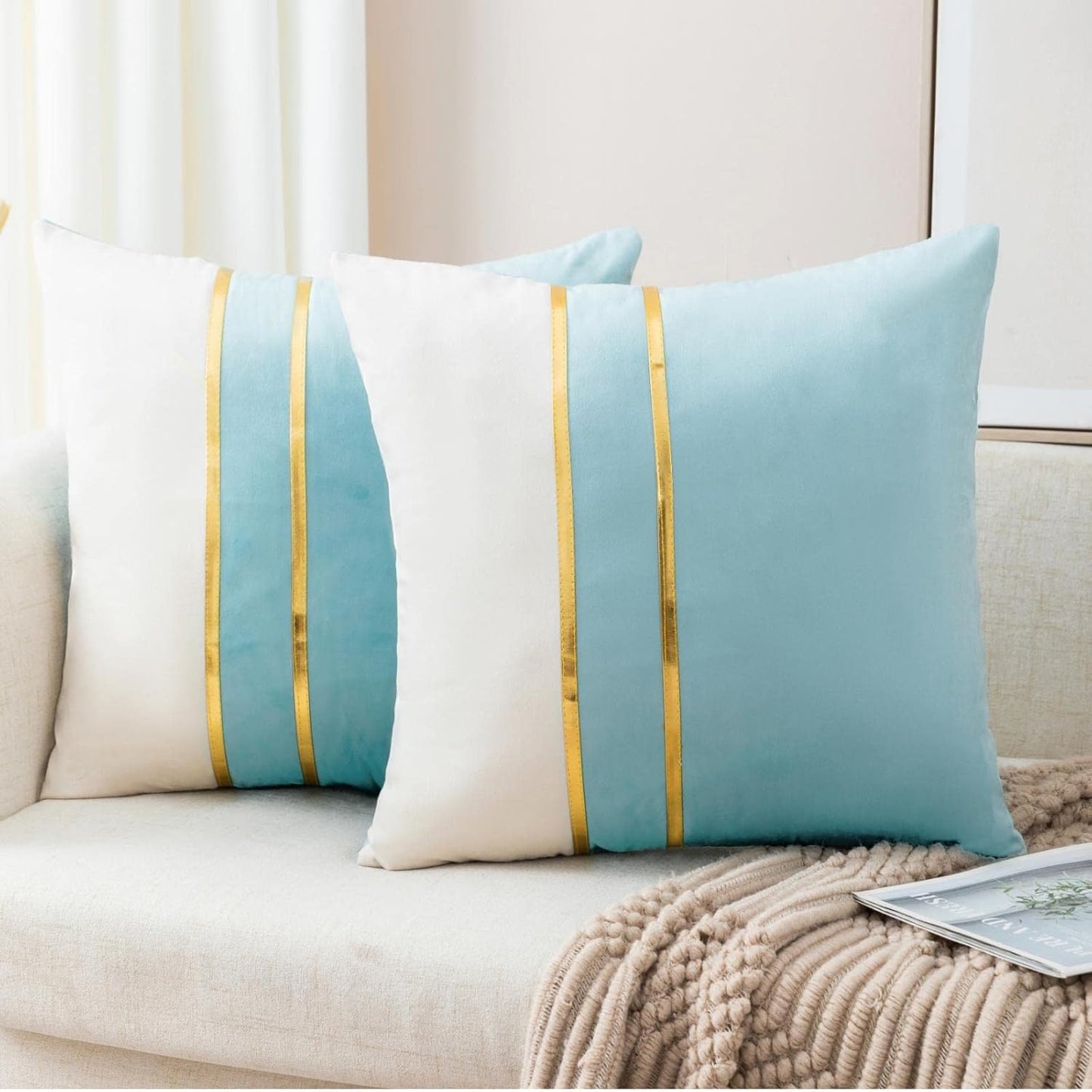 ZLINA Set of 2 Velvet Decorative Throw Pillow Covers - Aqua Green White Patchwork with Gold Leather Pillow Covers 18 ×