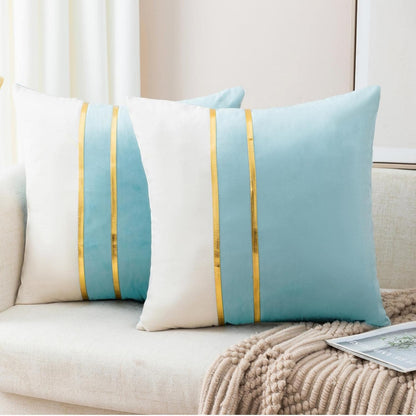 ZLINA Set of 2 Velvet Decorative Throw Pillow Covers - Aqua Green White Patchwork with Gold Leather Pillow Covers 18 ×