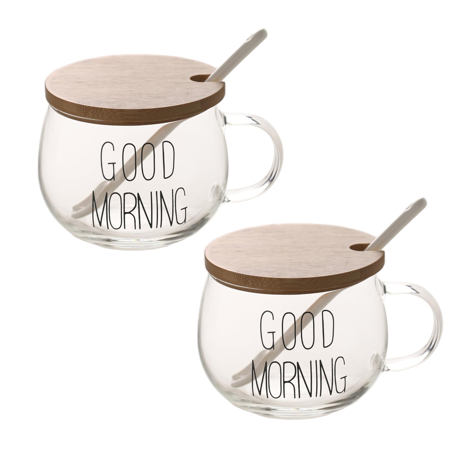 TREEWOO GOOD MORNING Clear Mug For Coffee Dessert Milk Tea Yogurt, Set of 2, Round Glass Cup Handgrip Drinkware With Bamboo Lid Tulip Ceramic Spoon (2 Black Letters Cup)