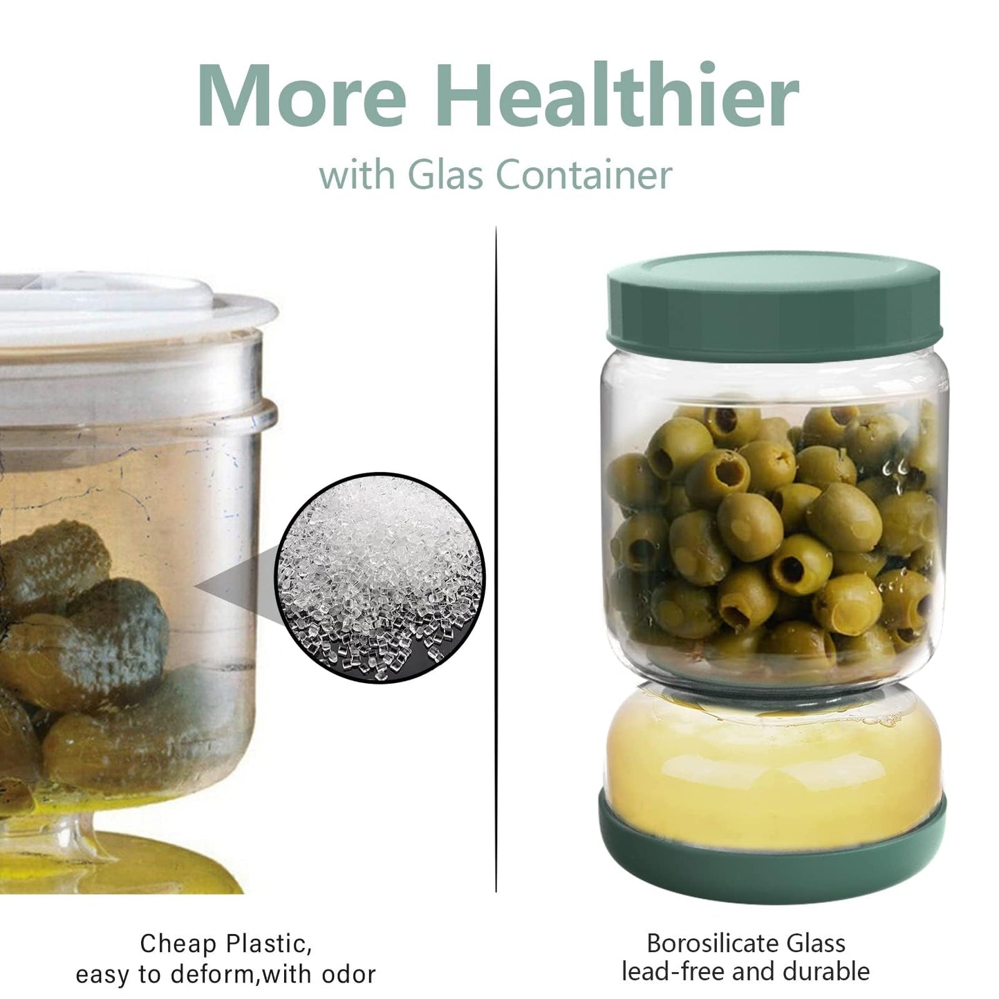 Luvan Glass Pickle Jar, 34oz Pickle Container with Strainer, LeakProof Kraut and Olive Hourglass Jug, Olive Jar with Airtight Lid, Multifunction Jalapeno Container, Gherkin Flip Jar for Fridge