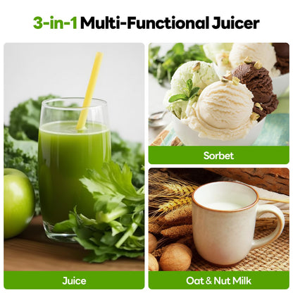 ECOSELF 3-in-1 Juicer with 3 Filters (Juice/Sorbet/Nut Milk), 6.0" Wide Mouth Hopper, Juicer Machines With Self Feeding & Hands-Free, Cold Press Juicer for Family Party, High Juice Yield, With Brush