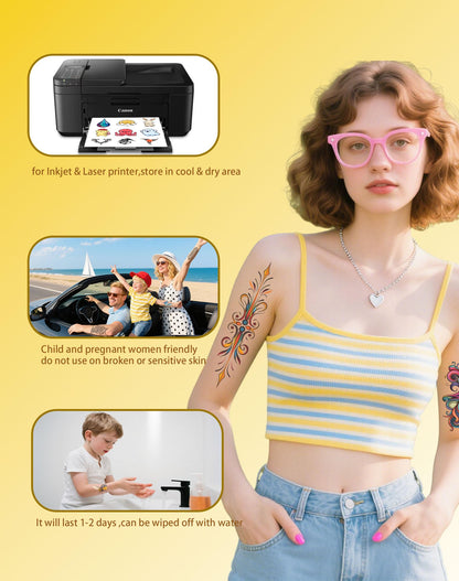 Hoxemator Temporary Tattoo Paper for Laser & Inkjet Printers, 6 Sheets 8.5"x11" Printable Waterslide Tattoo Transfer Paper, Skin-Safe DIY Custom Fake Tattoos for Cosplay, Parties & Festival